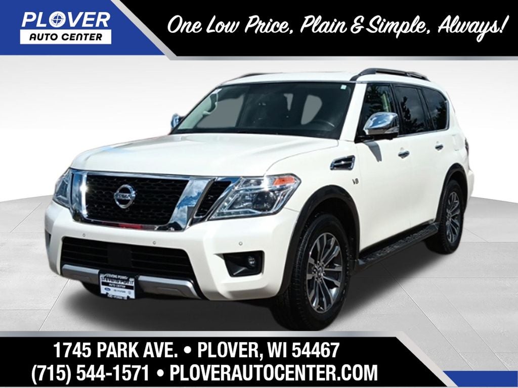 2018 Nissan Armada SV in Pearl White — front three-quarter view